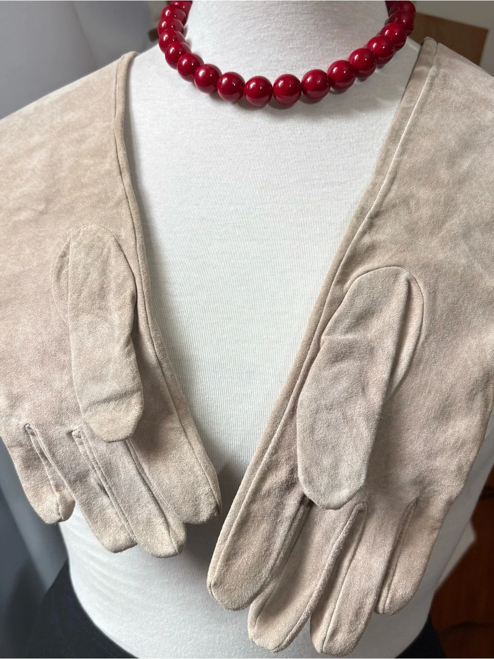 Vintage-look Long Cream Suede Gloves with Dark Red Button Detail